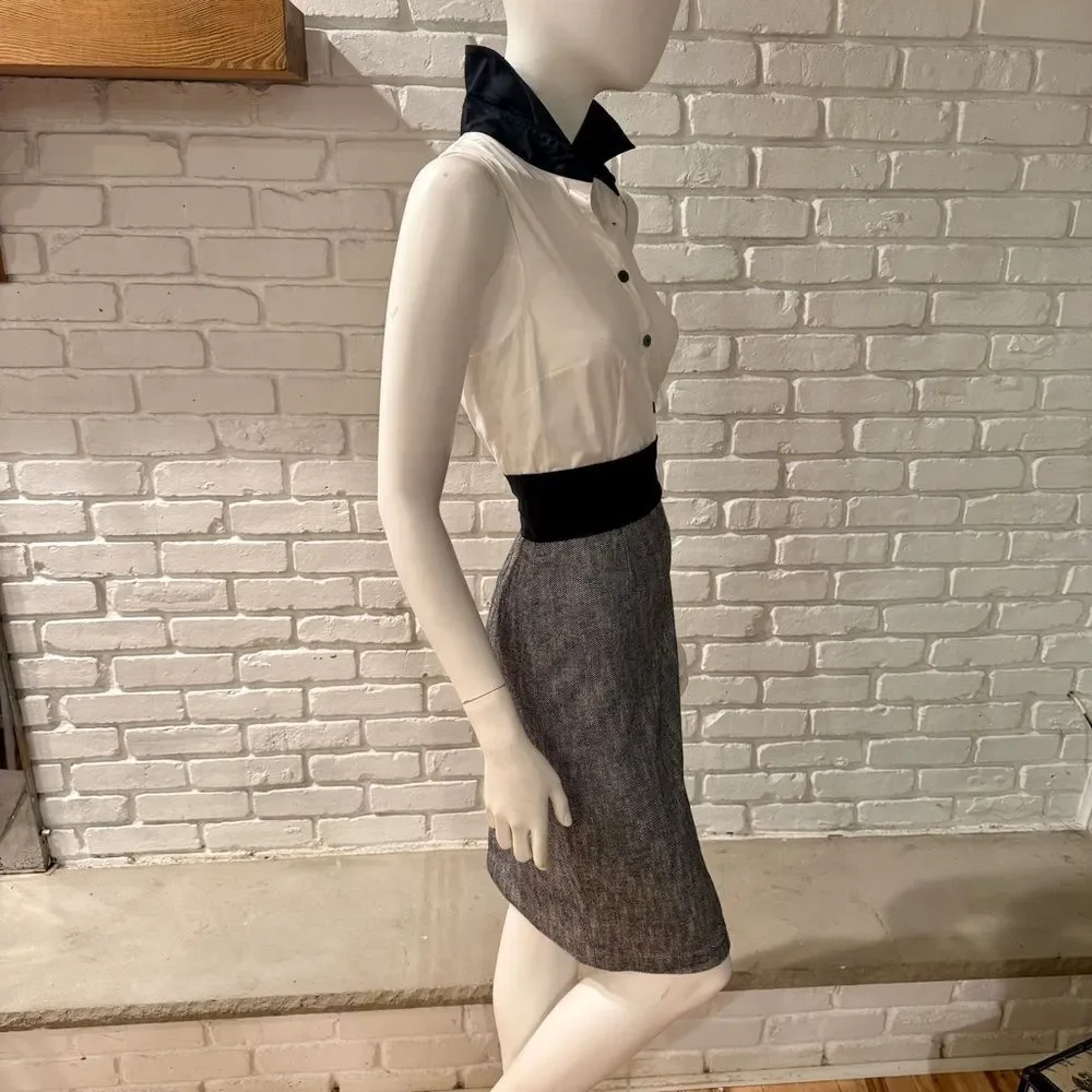 Black White Colorblock Sheath Dress Sleeveless Collared Pencil Dress Work Office